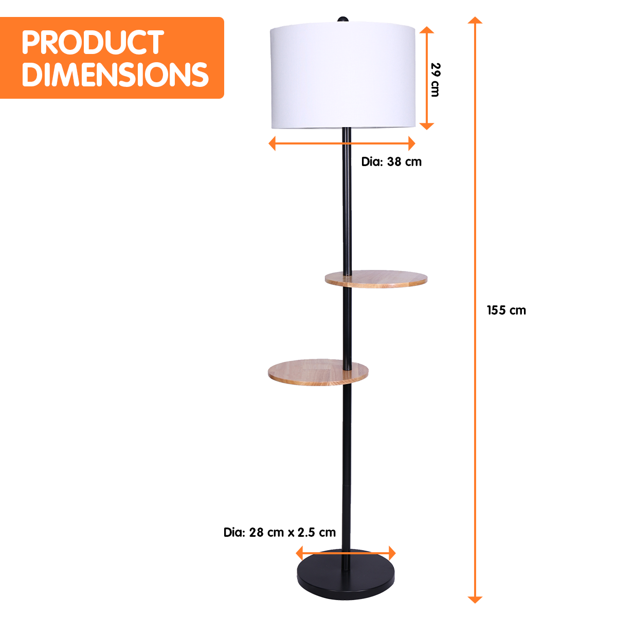 sarantino-metal-floor-lamp-shade-with-black-post-in-round-wood-shelves www.mallsonline.com.au