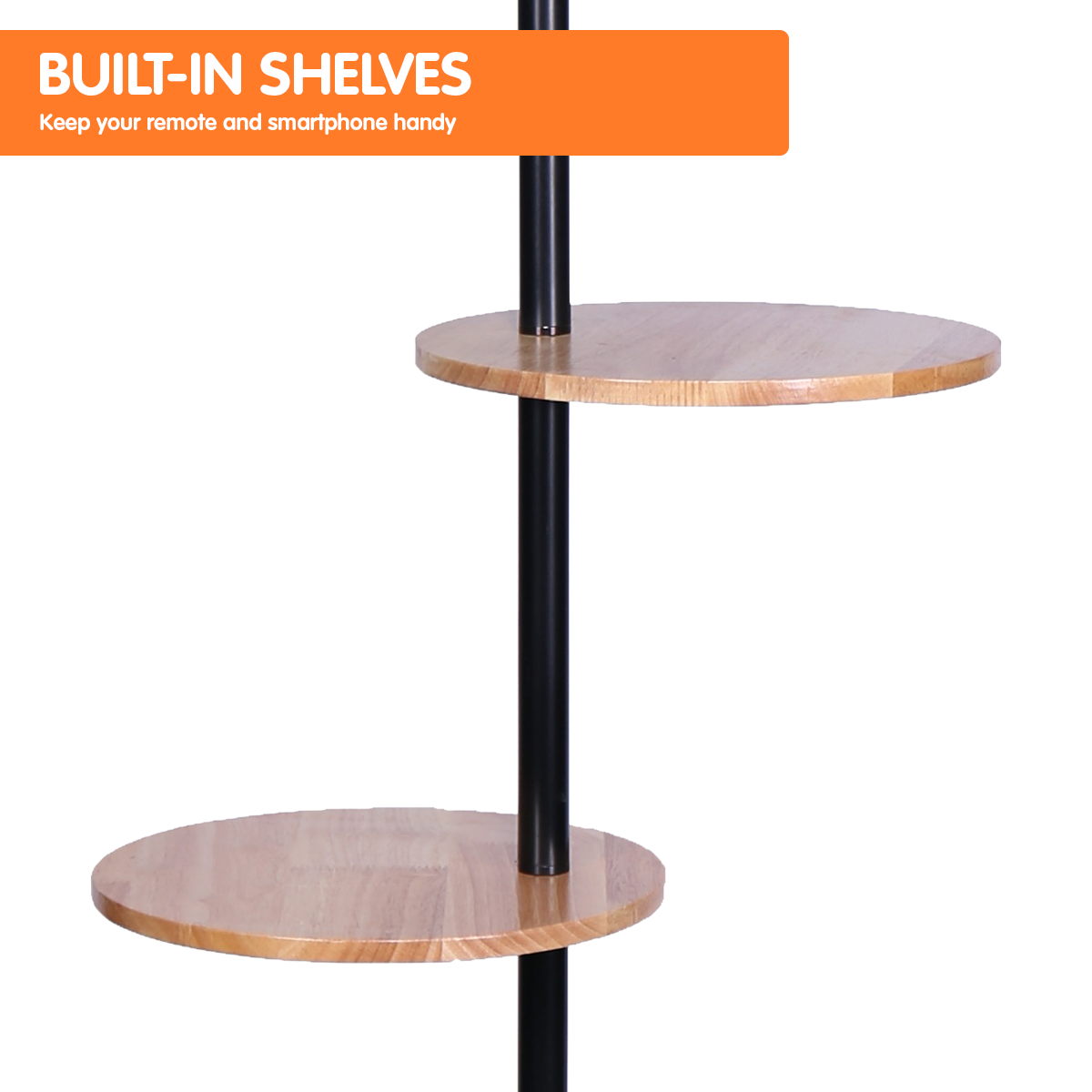 sarantino-metal-floor-lamp-shade-with-black-post-in-round-wood-shelves www.mallsonline.com.au