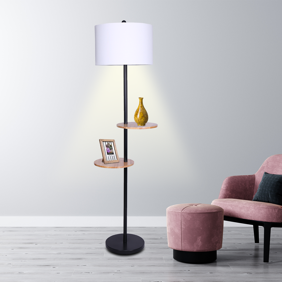 sarantino-metal-floor-lamp-shade-with-black-post-in-round-wood-shelves www.mallsonline.com.au