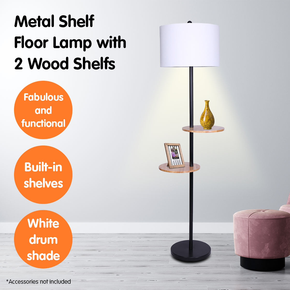 sarantino-metal-floor-lamp-shade-with-black-post-in-round-wood-shelves www.mallsonline.com.au