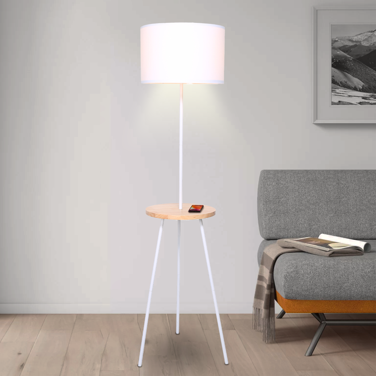 sarantino-metal-tripod-floor-lamp-shade-with-wooden-table-shelf www.mallsonline.com.au