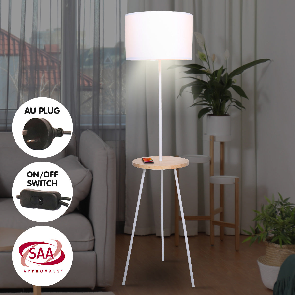 sarantino-metal-tripod-floor-lamp-shade-with-wooden-table-shelf www.mallsonline.com.au