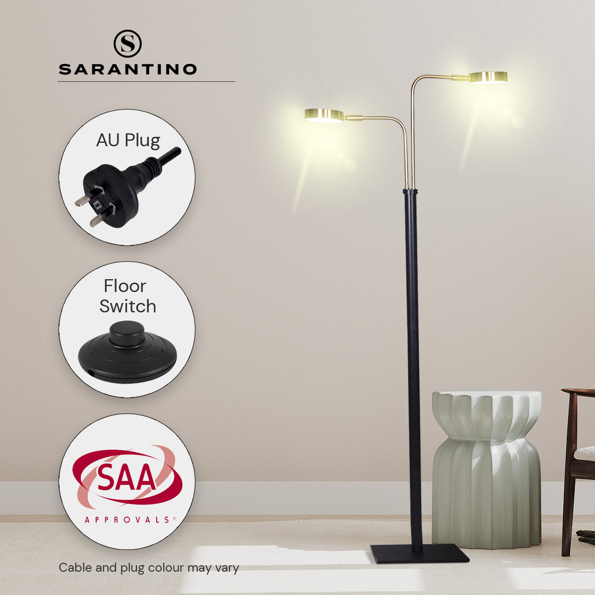 sarantino-led-metal-floor-lamp-with-2-lights-in-brushed-gold-and-black-finish www.mallsonline.com.au