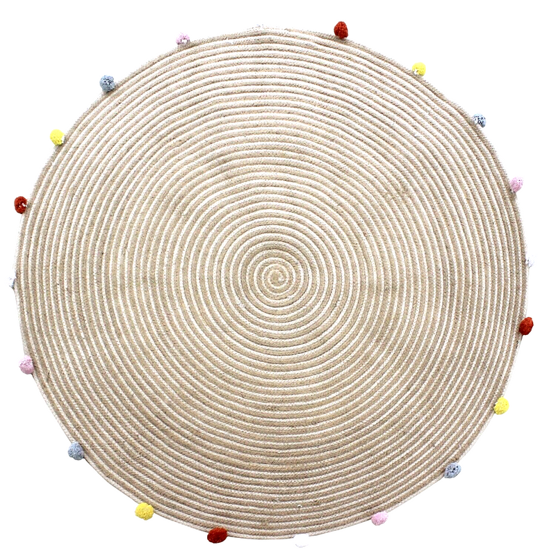 round-woven-jute-cotton-multicolour-pompom-rug-120-cm www.mallsonline.com.au