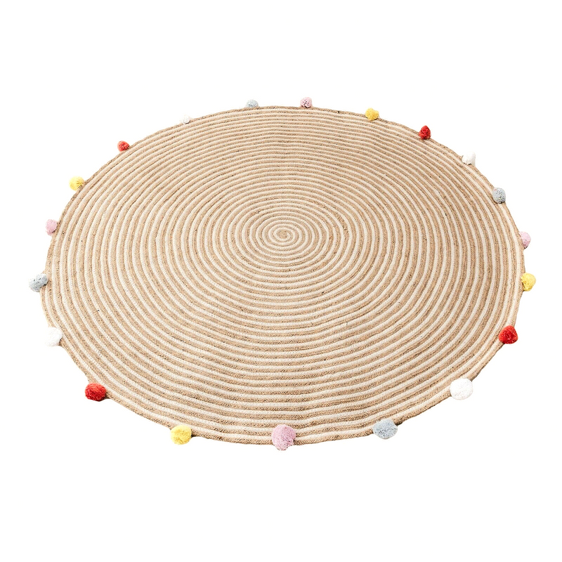 round-woven-jute-cotton-multicolour-pompom-rug-120-cm www.mallsonline.com.au