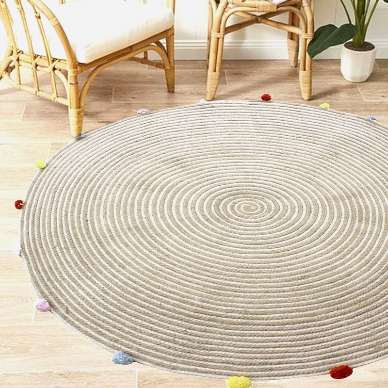 round-woven-jute-cotton-multicolour-pompom-rug-120-cm www.mallsonline.com.au