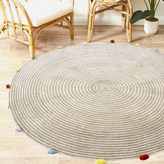 round-woven-jute-cotton-multicolour-pompom-rug-120-cm www.mallsonline.com.au