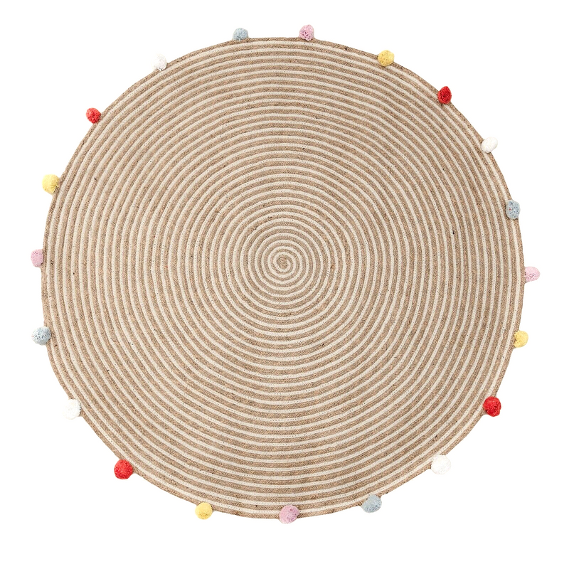 round-woven-jute-cotton-multicolour-pompom-rug-120-cm www.mallsonline.com.au