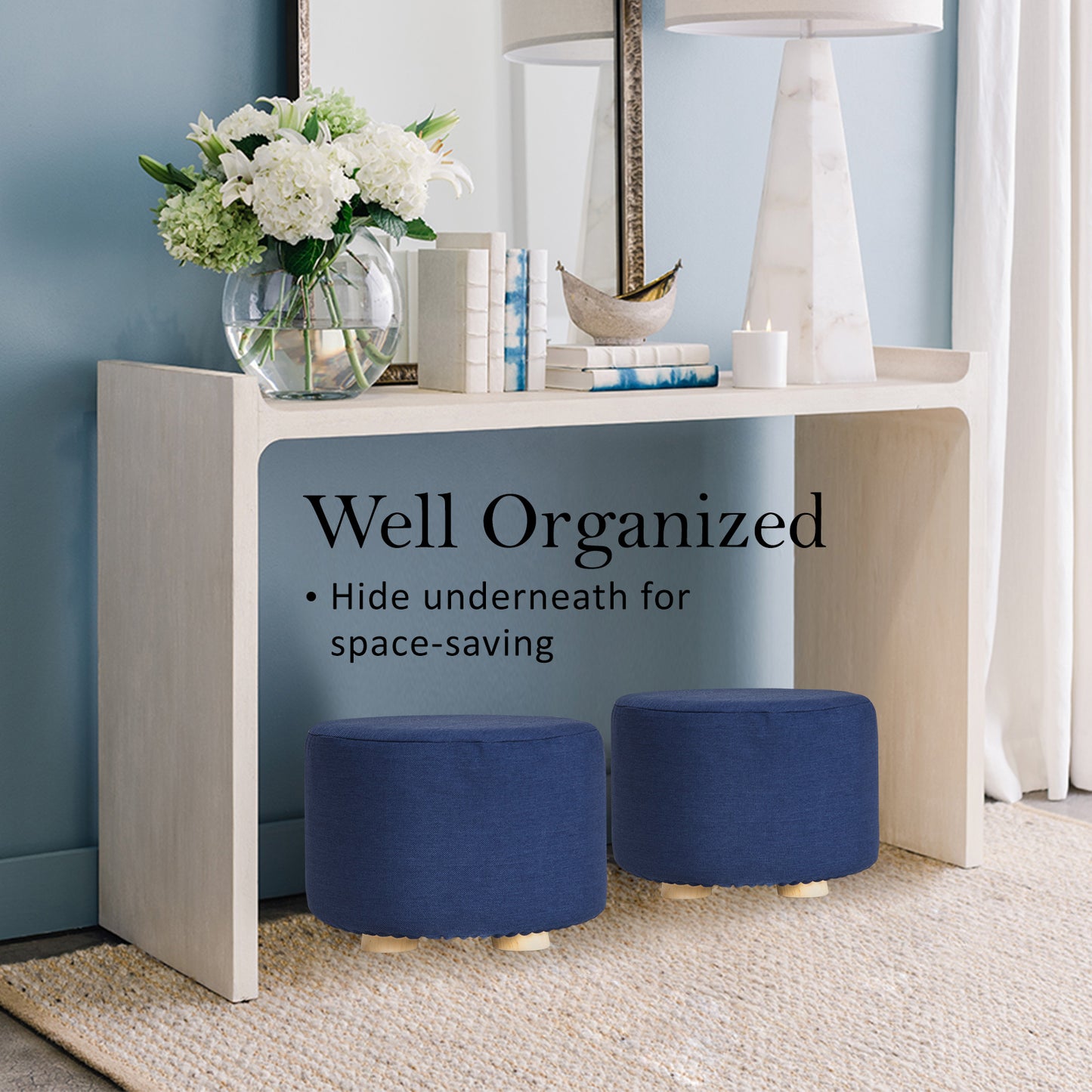la-bella-2-set-dark-blue-fabric-ottoman-round-wooden-leg-foot-stool at www.mallsonline.com.au