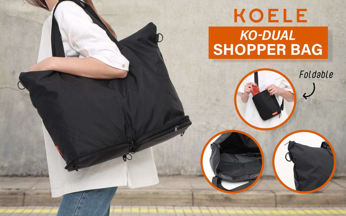 koele-black-shopper-bag-tote-bag-foldable-travel-laptop-grocery-ko-dual at www.mallsonline.com.au
