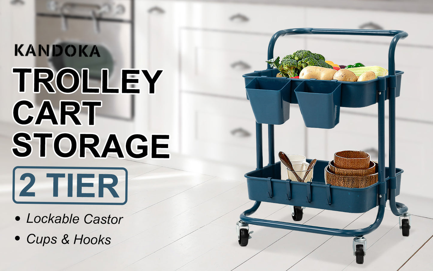 kandoka-2-tier-blue-trolley-cart-storage-utility-rack-organiser-swivel-kitchen www.mallsonline.com.au