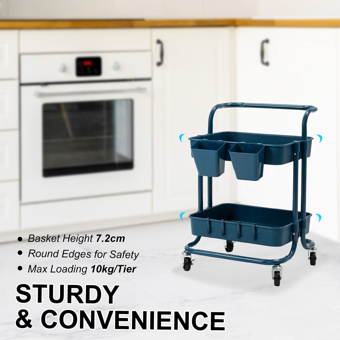kandoka-2-tier-blue-trolley-cart-storage-utility-rack-organiser-swivel-kitchen www.mallsonline.com.au