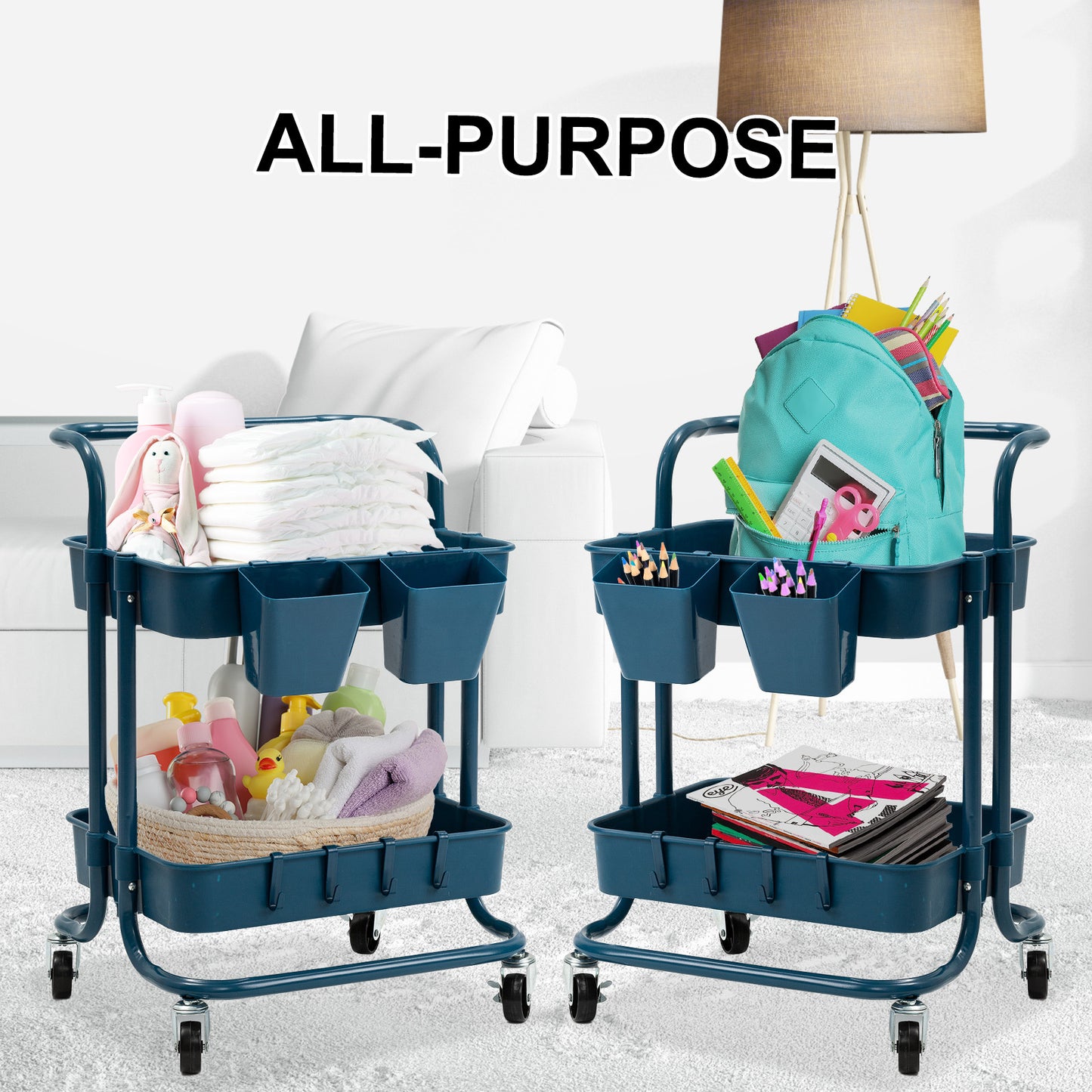kandoka-2-tier-blue-trolley-cart-storage-utility-rack-organiser-swivel-kitchen www.mallsonline.com.au
