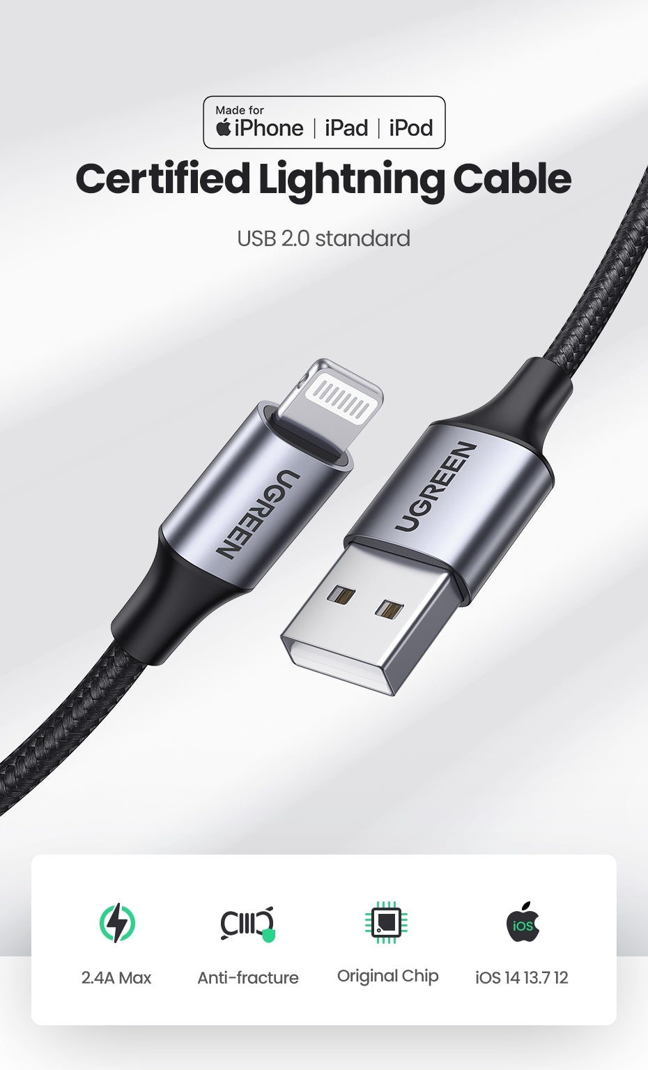 ugreen-60163-usb-a-to-8-pin-iphone-charging-cable-2m-silver at www.mallsonline.com.au