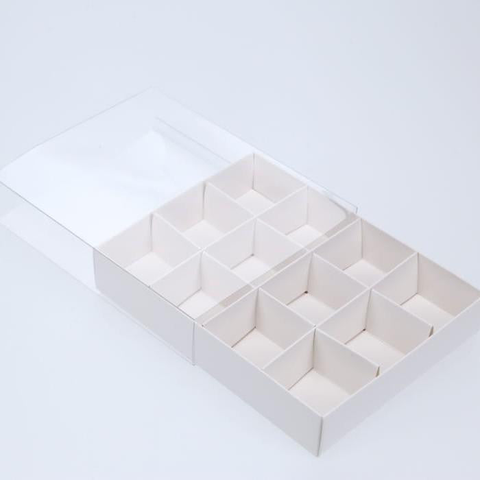 10-pack-of-white-card-chocolate-sweet-soap-product-reatail-gift-box-12-bay-4x4x3cm-compartments-clear-slide-on-lid-16x12x3cm www.mallsonline.com.au