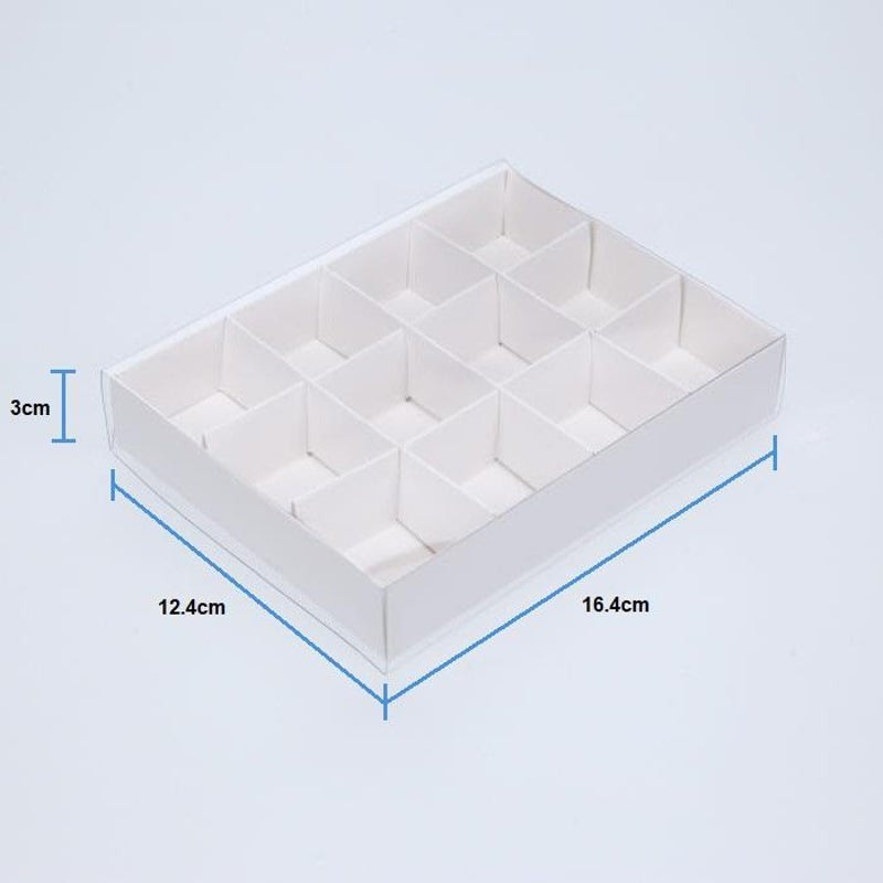 10-pack-of-white-card-chocolate-sweet-soap-product-reatail-gift-box-12-bay-4x4x3cm-compartments-clear-slide-on-lid-16x12x3cm www.mallsonline.com.au