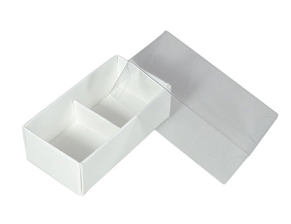 10-pack-of-white-card-chocolate-sweet-soap-product-reatail-gift-box-2-bay-compartments-clear-slide-on-lid-8x4x3cm at www.mallsonline.com.au