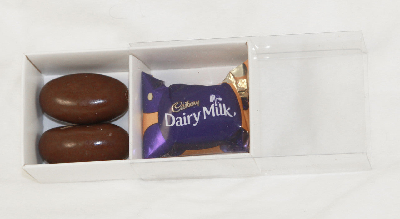 10-pack-of-white-card-chocolate-sweet-soap-product-reatail-gift-box-2-bay-compartments-clear-slide-on-lid-8x4x3cm at www.mallsonline.com.au