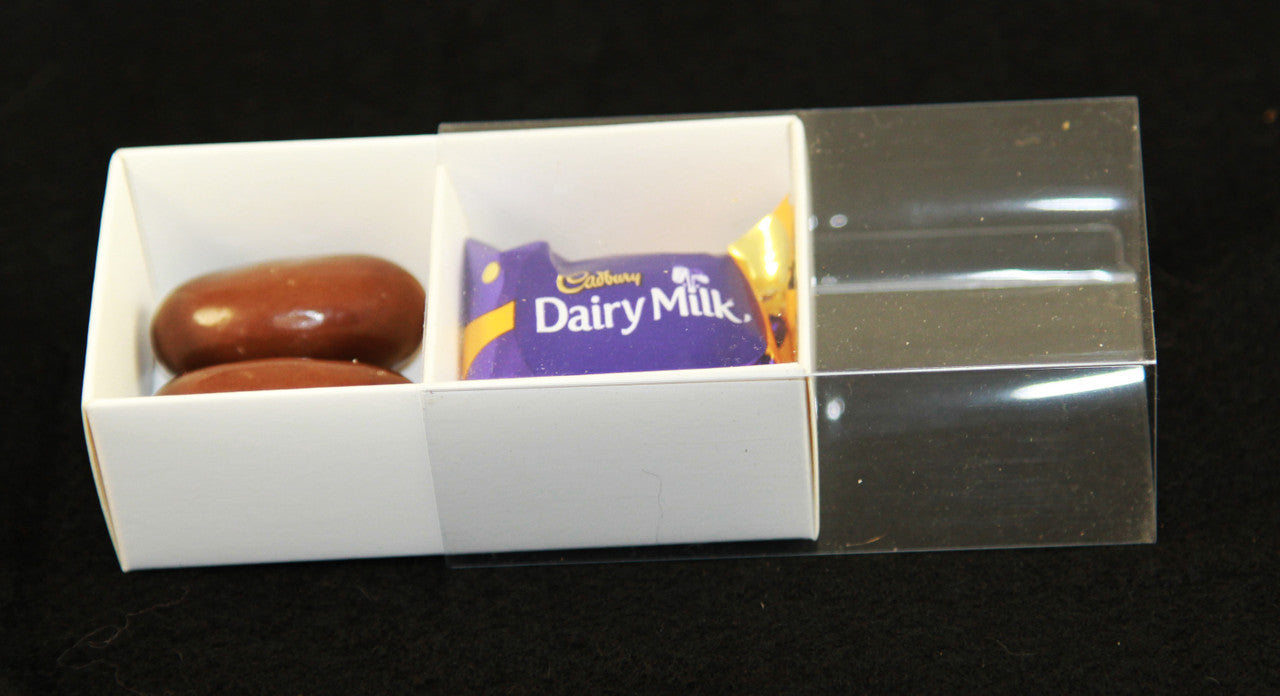 10-pack-of-white-card-chocolate-sweet-soap-product-reatail-gift-box-2-bay-compartments-clear-slide-on-lid-8x4x3cm at www.mallsonline.com.au