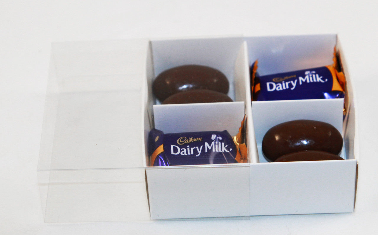 10-pack-of-white-card-chocolate-sweet-soap-product-reatail-gift-box-4-bay-compartments-clear-slide-on-lid-8x8x3cm at www.mallsonline.com.au