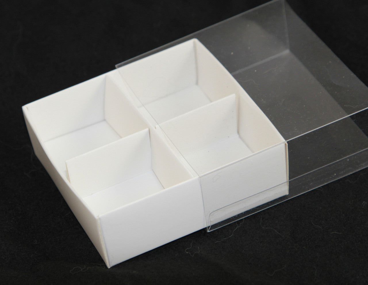 10-pack-of-white-card-chocolate-sweet-soap-product-reatail-gift-box-4-bay-compartments-clear-slide-on-lid-8x8x3cm www.mallsonline.com.au