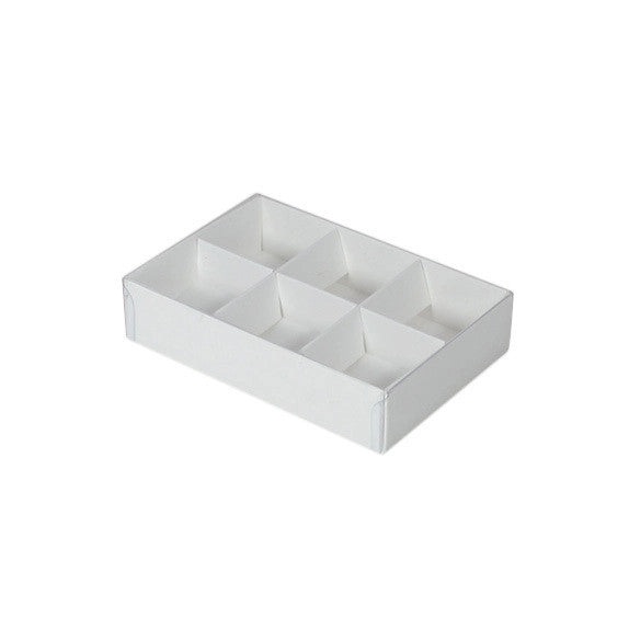 10-pack-of-white-card-chocolate-sweet-soap-product-reatail-gift-box-6-bay-compartments-clear-slide-on-lid-12x8x3cm at www.mallsonline.com.au