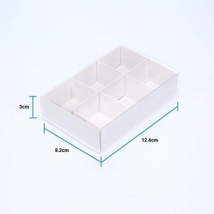 10-pack-of-white-card-chocolate-sweet-soap-product-reatail-gift-box-6-bay-compartments-clear-slide-on-lid-12x8x3cm at www.mallsonline.com.au