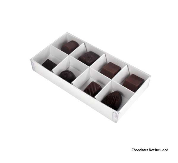 10-pack-of-white-card-chocolate-sweet-soap-product-reatail-gift-box-8-bay-3cm-compartments-clear-slide-on-lid-16x8x3cm at www.mallsonline.com.au
