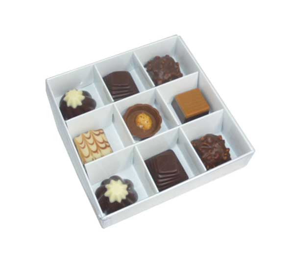 10-pack-of-white-card-chocolate-sweet-soap-product-reatail-gift-box-9-bay-4x4x3cm-compartments-clear-slide-on-lid-12x12x3cm at www.mallsonline.com.au