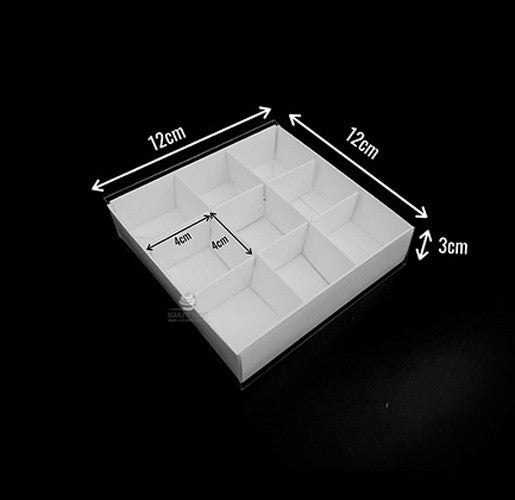 10-pack-of-white-card-chocolate-sweet-soap-product-reatail-gift-box-9-bay-4x4x3cm-compartments-clear-slide-on-lid-12x12x3cm at www.mallsonline.com.au