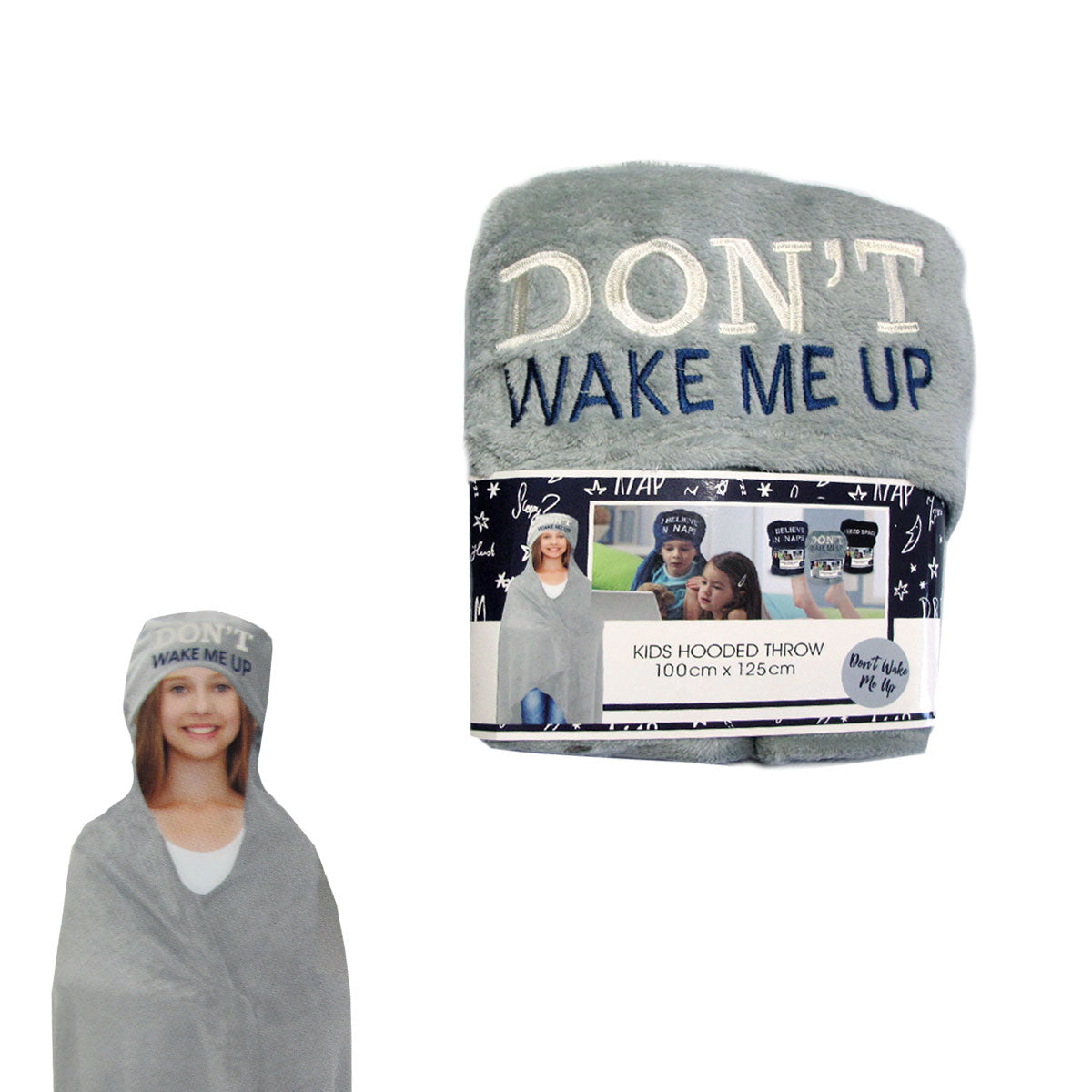 kids-embroidered-hooded-throw-rug-100-x-125cm-grey-dont-wake-me-up www.mallsonline.com.au