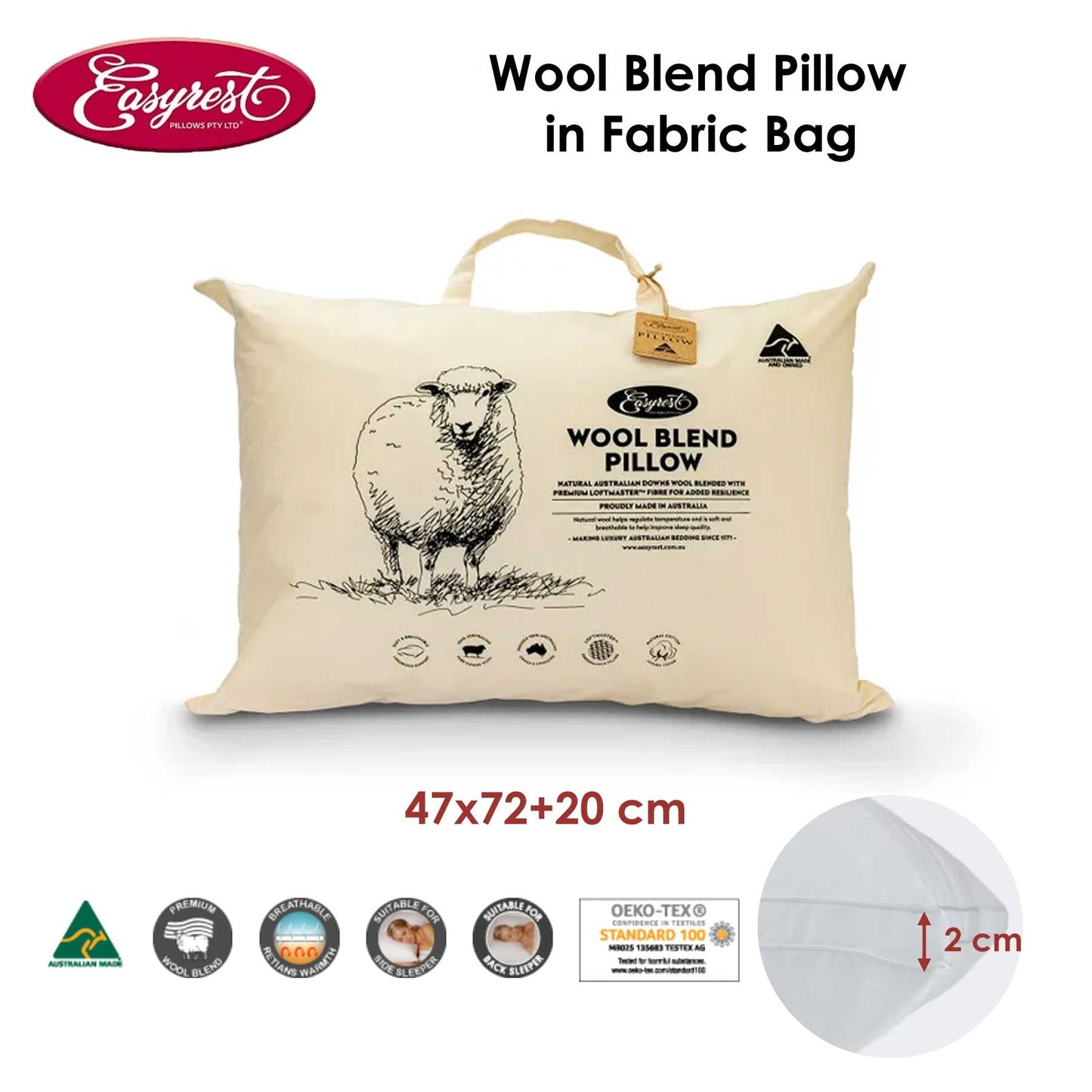 easyrest-wool-blend-standard-pillow-in-fabric-bag-47-x-72-20-cm at www.mallsonline.com.au