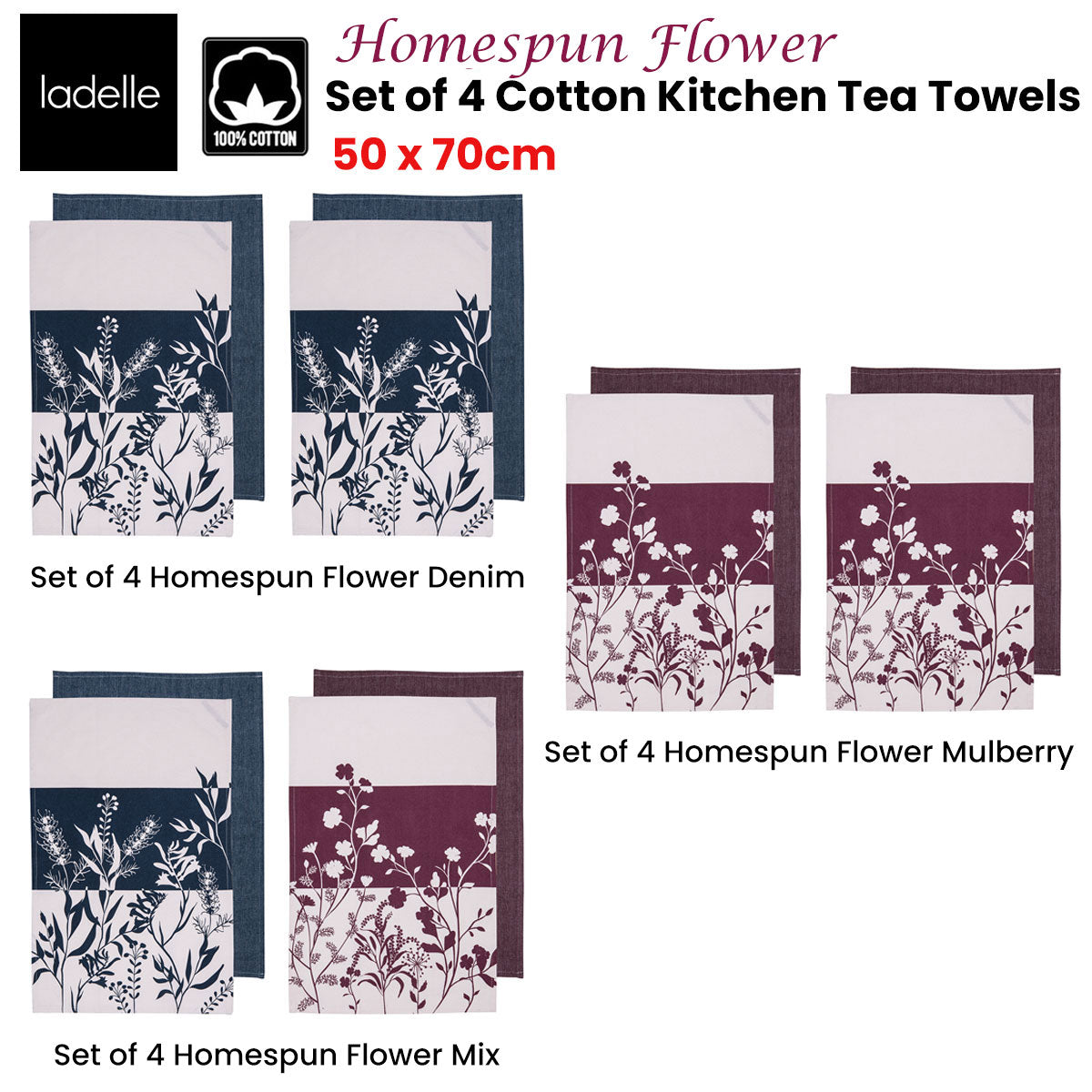 ladelle-set-of-4-homespun-flower-cotton-kitchen-tea-towels-50-x-70-cm-mulberry www.mallsonline.com.au