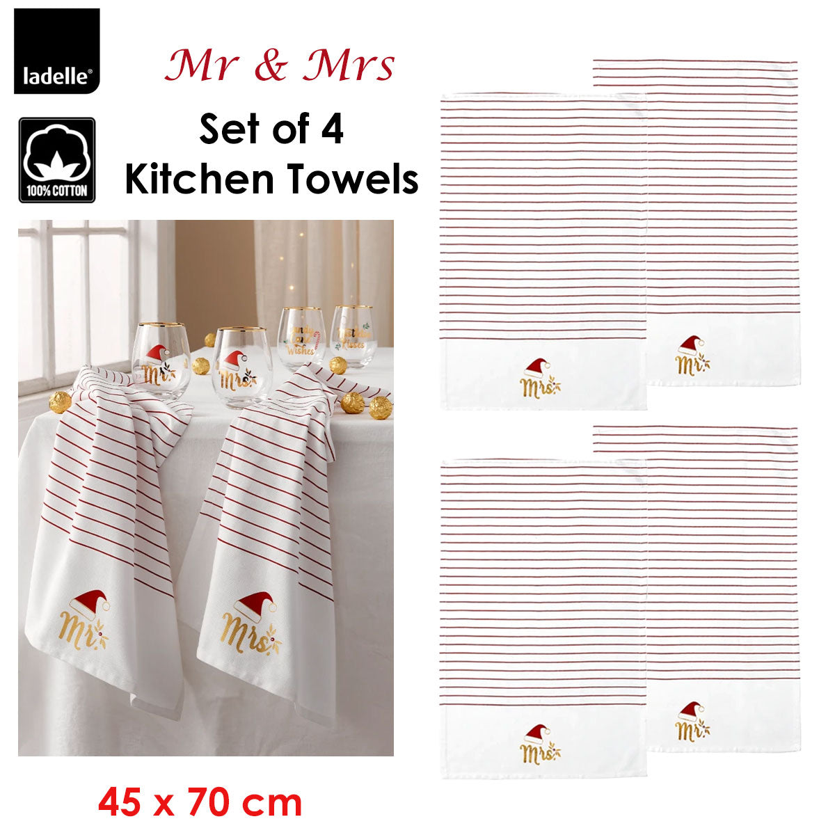 ladelle-mr-mrs-christmas-hat-set-of-4-cotton-kitchen-towels-45-x-70-cm www.mallsonline.com.au