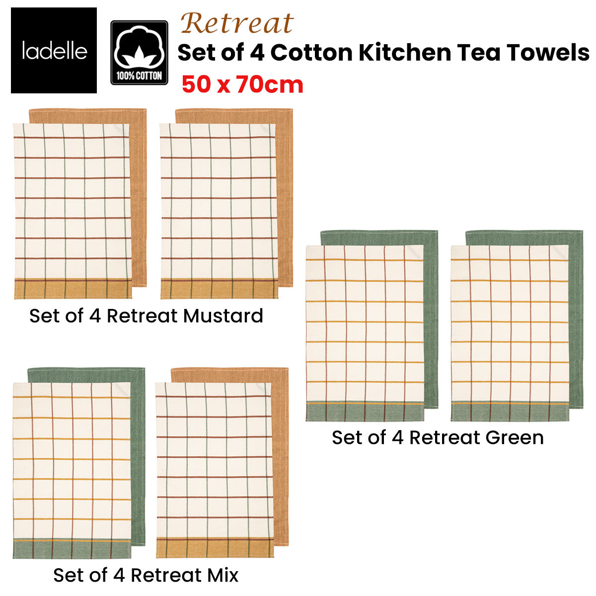ladelle-set-of-4-retreat-cotton-kitchen-tea-towels-50-x-70-cm-green www.mallsonline.com.au
