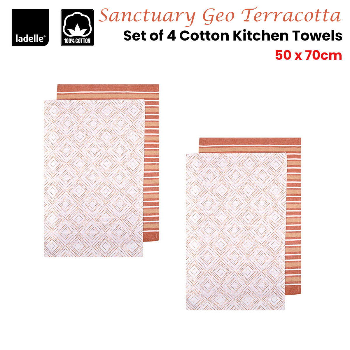 ladelle-sanctuary-geo-terracotta-set-of-4-cotton-kitchen-towels-45-x-70-cm www.mallsonline.com.au