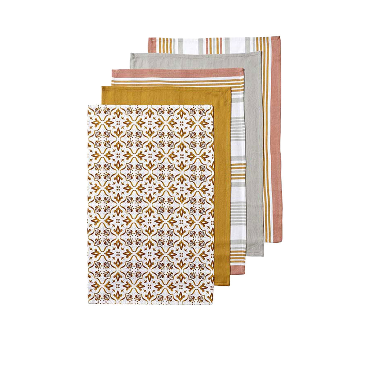 ladelle-tile-set-of-5-cotton-kitchen-towels-gold www.mallsonline.com.au