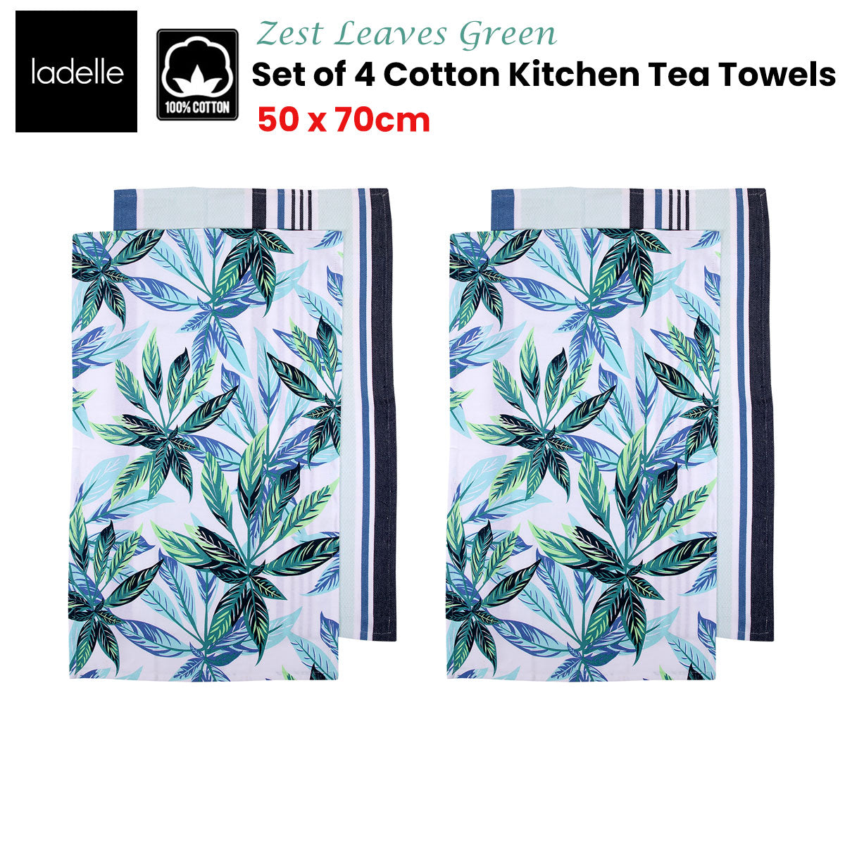 ladelle-set-of-4-zest-leaves-green-cotton-kitchen-tea-towels-50-x-70-cm www.mallsonline.com.au