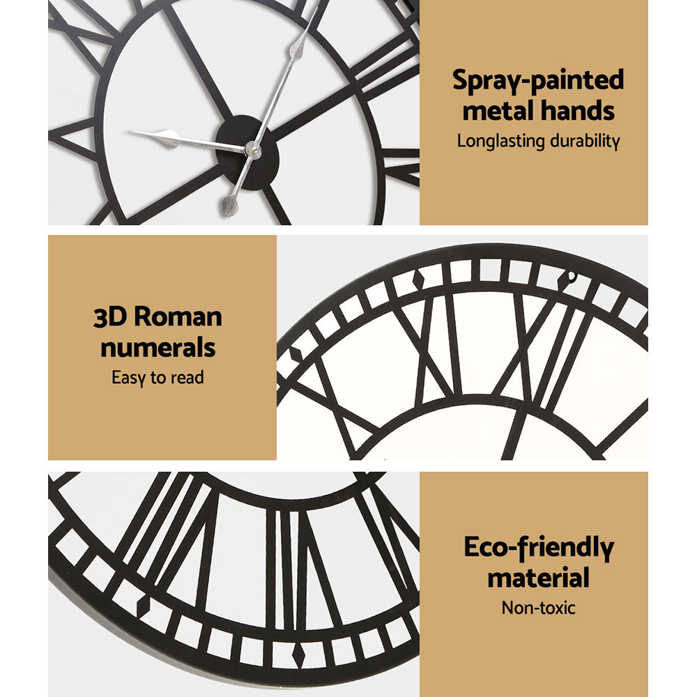artiss-wall-clock-60cm-large-roman-numerals-round-metal-luxury-wall-clocks-home-decor-black www.mallsonline.com.au