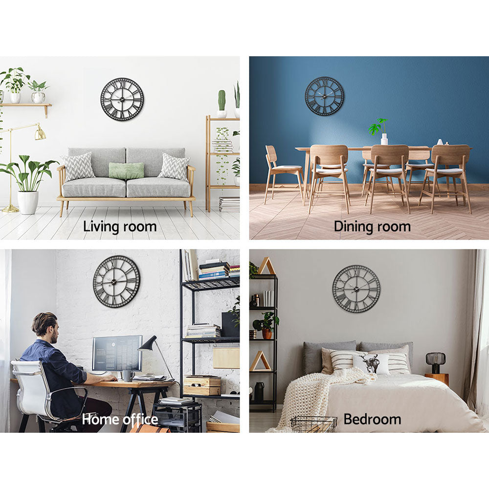 artiss-wall-clock-60cm-large-roman-numerals-round-metal-luxury-wall-clocks-home-decor-black www.mallsonline.com.au