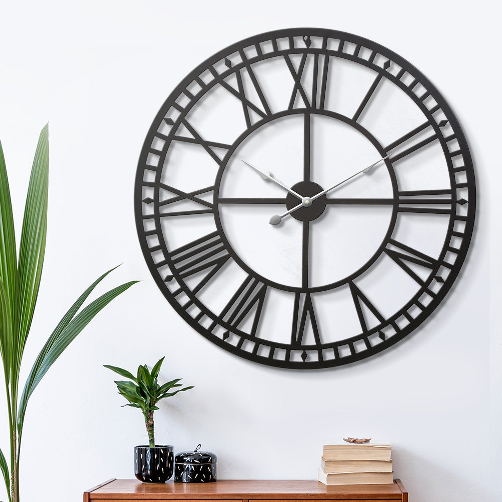 artiss-80cm-large-wall-clock-roman-numerals-round-metal-luxury-home-decor-black www.mallsonline.com.au