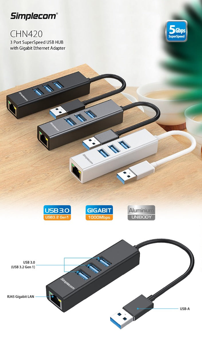 simplecom-chn420-aluminium-3-port-superspeed-usb-hub-with-gigabit-ethernet-adapter-black at www.mallsonline.com.au