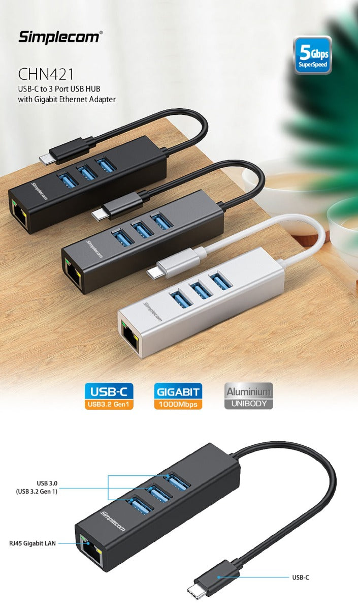 simplecom-chn421-aluminium-usb-c-to-3-port-usb-hub-with-gigabit-ethernet-adapter-black at www.mallsonline.com.au