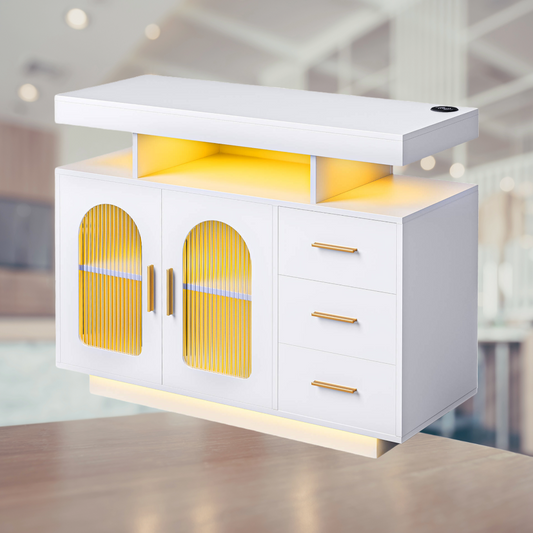 Buffet Sideboard Cabinet with RGB LED Light and Charging Station Console Coffee Bar White