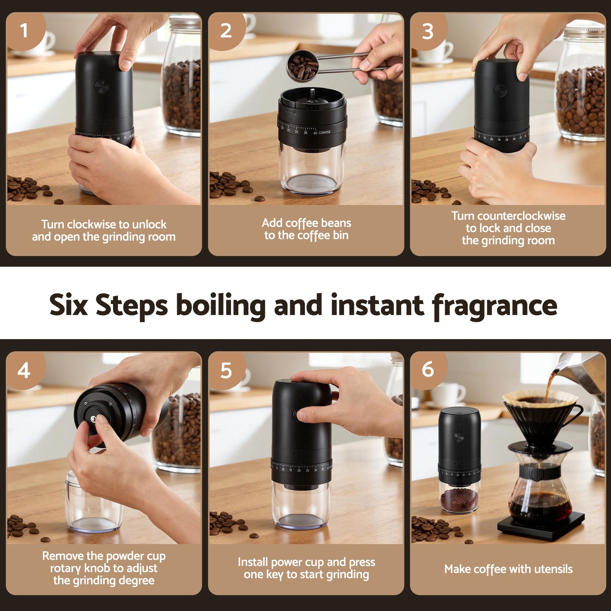 Devanti Electric Coffee Grinder USB-C Rechargeable Portable Coffee Bean Grinder with 40 Precise Grind Settings | Automatic Spice Nut Pepper Grinder Mill with Cleaning Brush & Ground Coffee Container for Home Office Camping Travel, Black