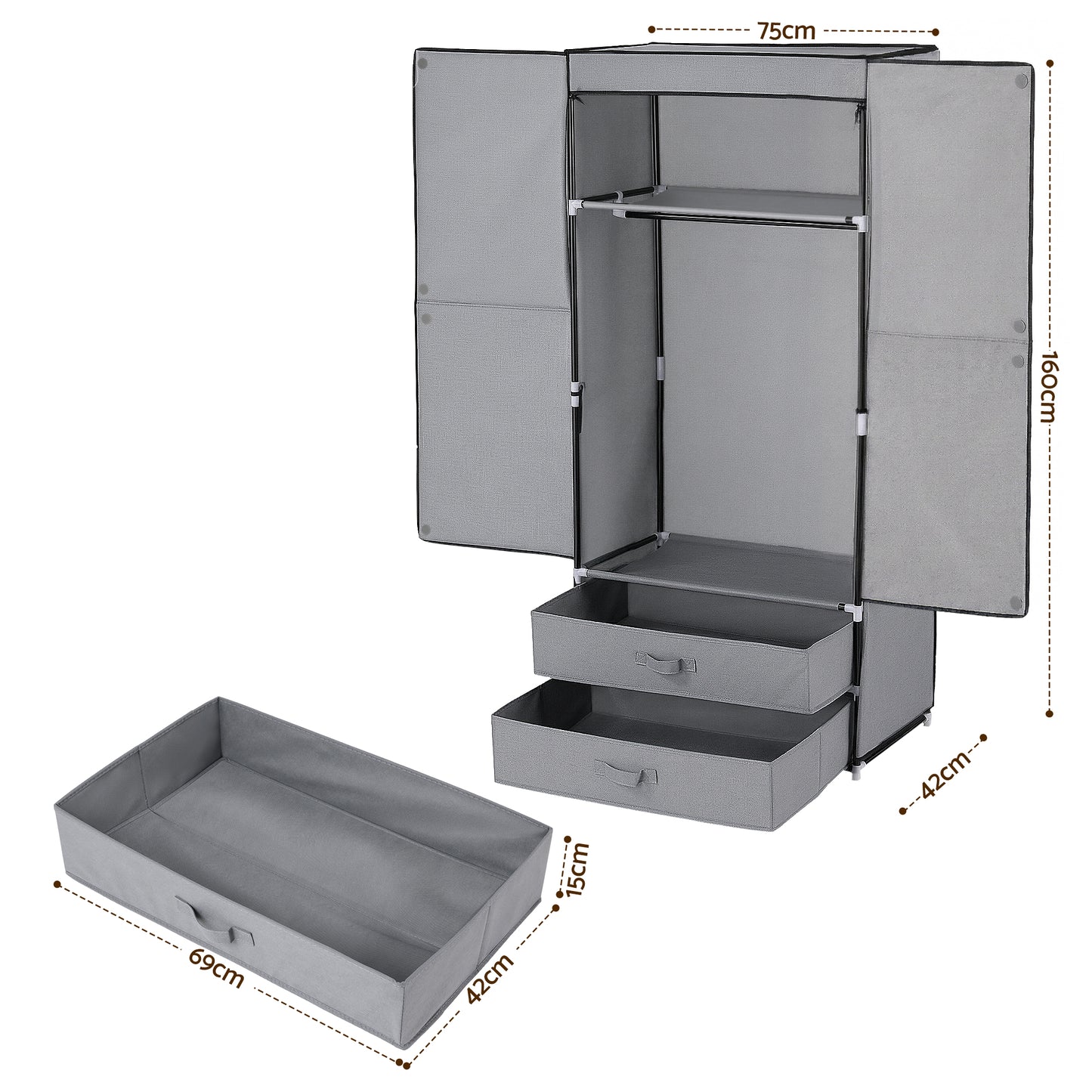 Artiss Large Portable Clothes Closet Wardrobe with Magnetic Door Grey