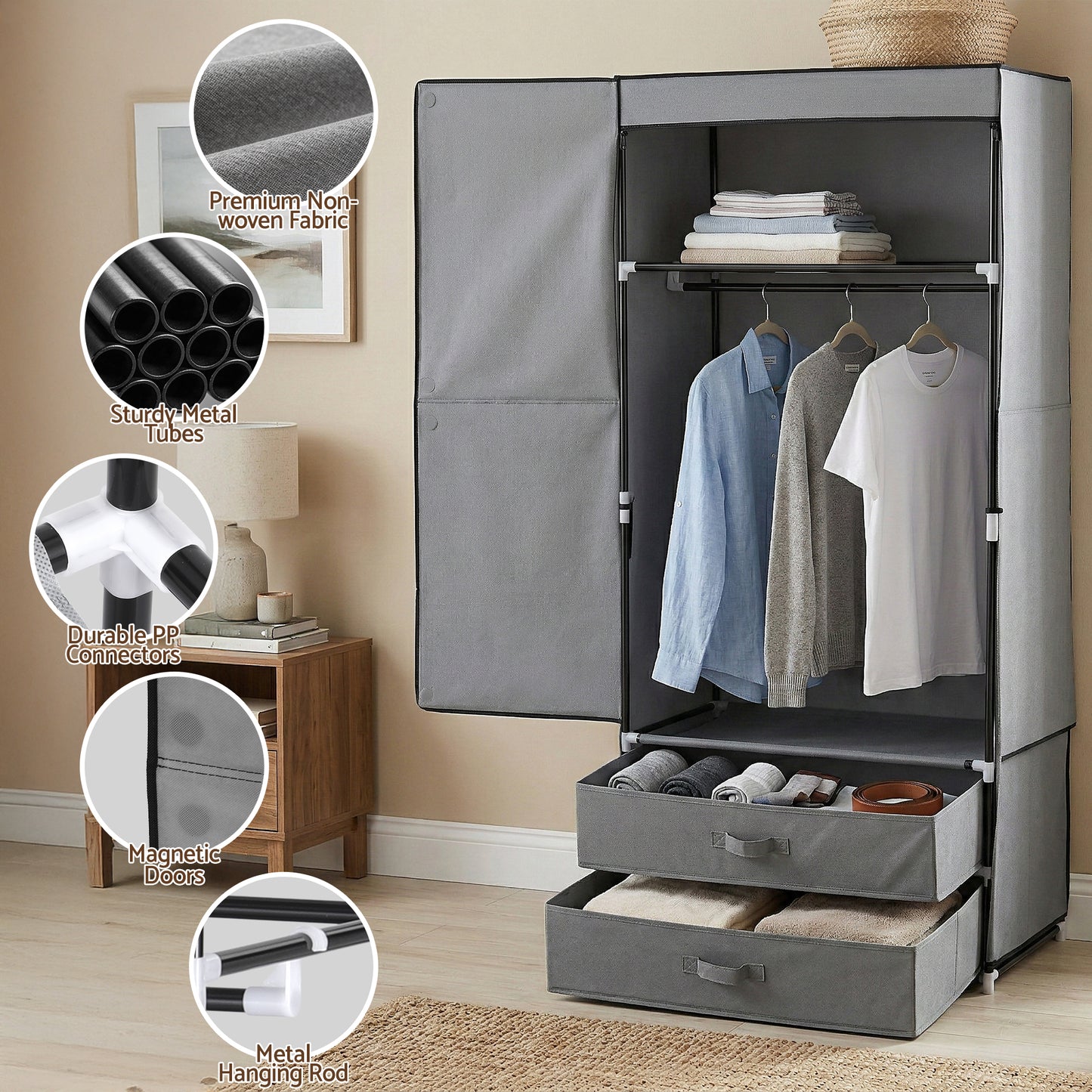 Artiss Large Portable Clothes Closet Wardrobe with Magnetic Door Grey