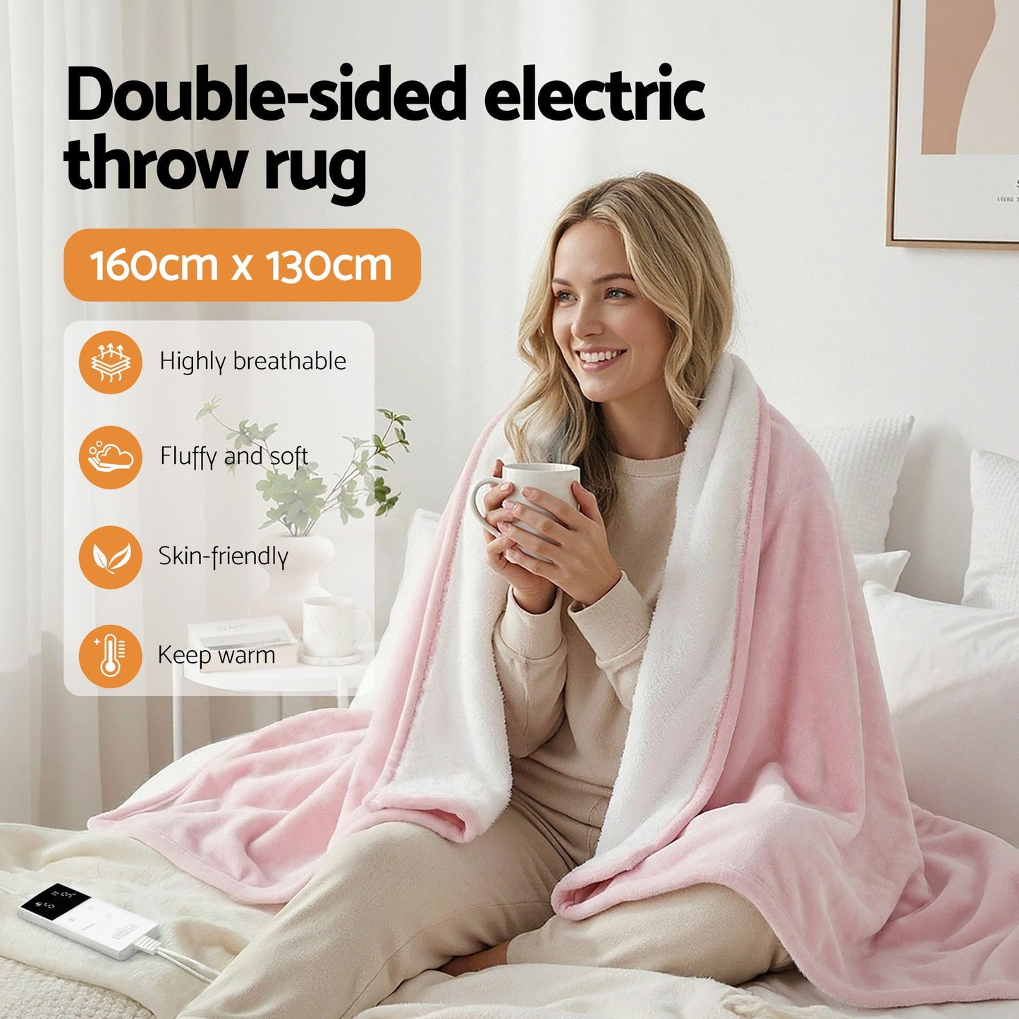 Giselle Electric Throw Rug Dual Side Fleece Flannel Heated Blanket Pink