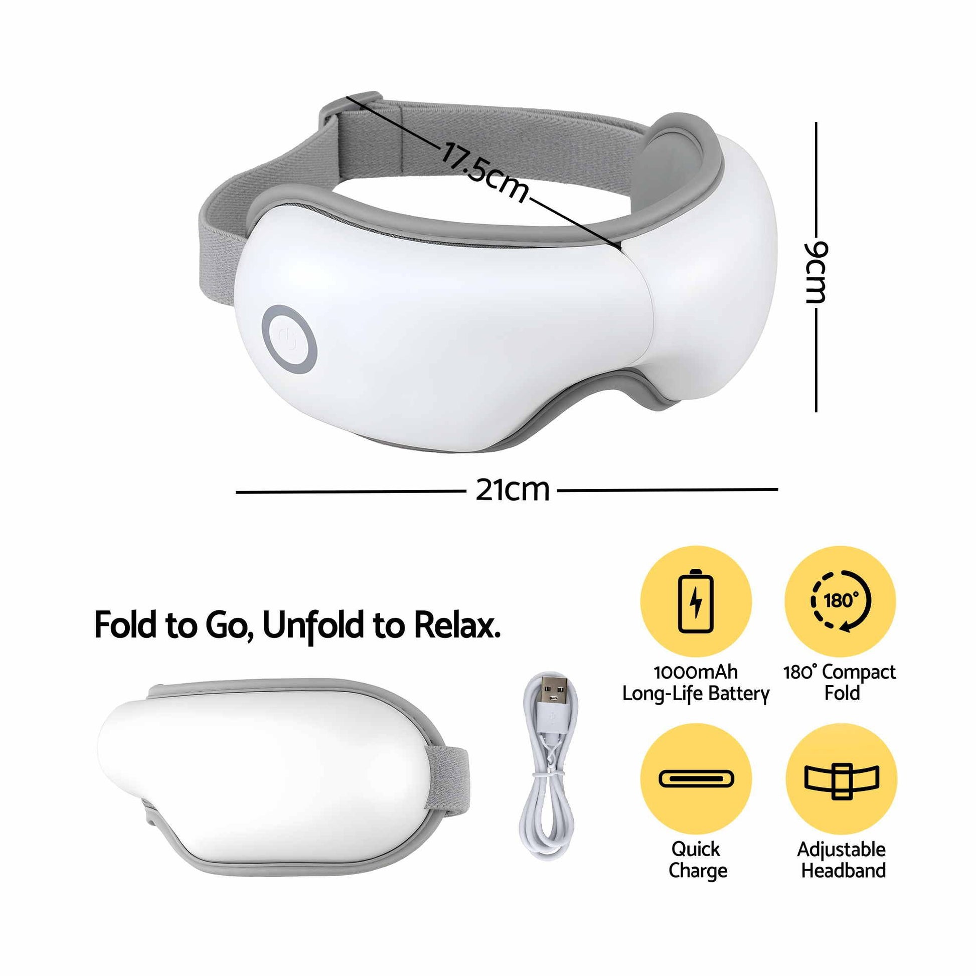 Livemor Eye Massager with Heat & Vibration | 180Â° Foldable Electric Eye Heat Mask with Bluetooth Music for Fatigue Relief | Rechargeable 3D Wrap-Around Temple Massager, White