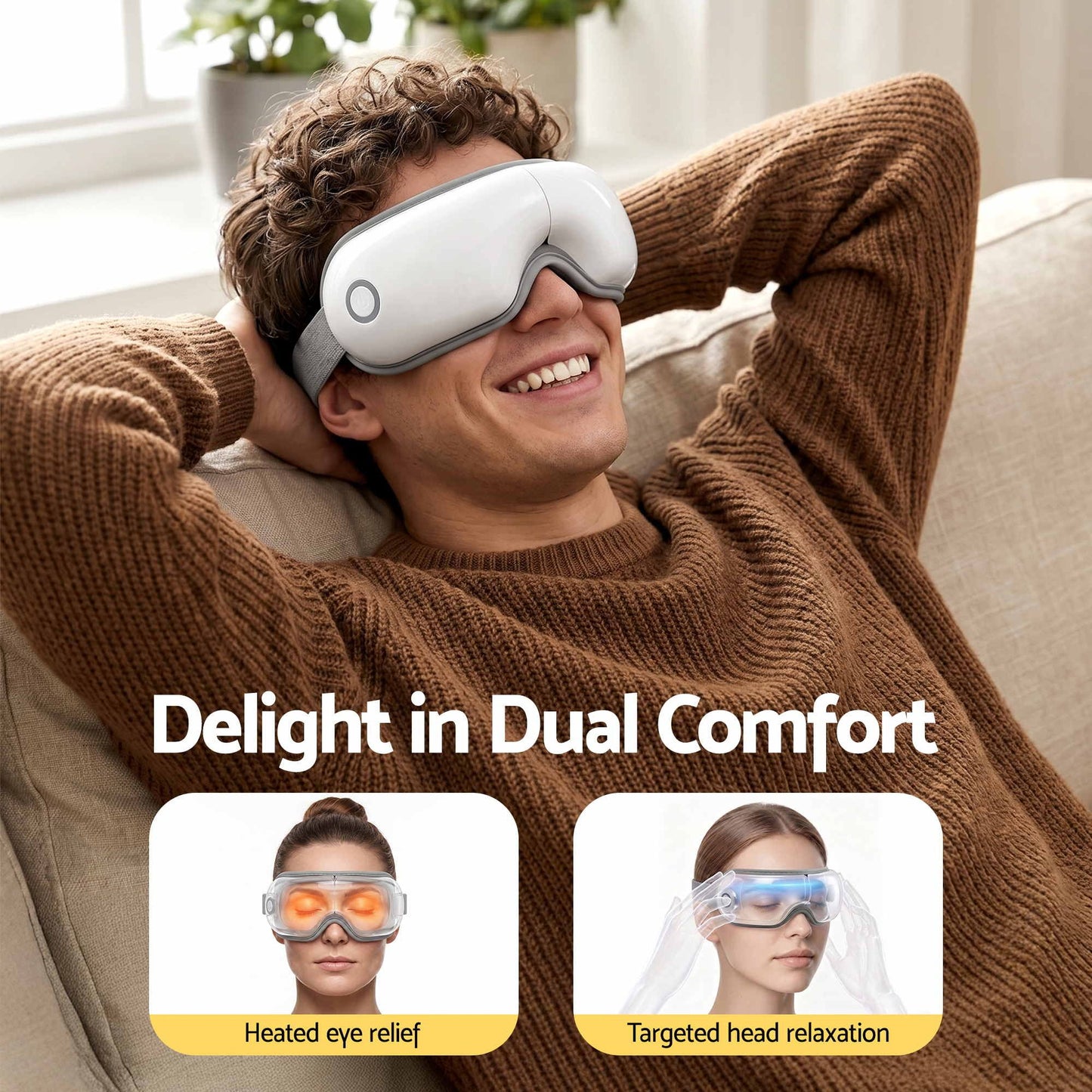Livemor Eye Massager with Heat & Vibration | 180Â° Foldable Electric Eye Heat Mask with Bluetooth Music for Fatigue Relief | Rechargeable 3D Wrap-Around Temple Massager, White